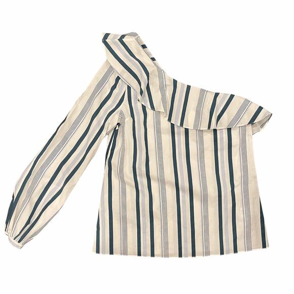 NWOT L’ACADEMIE Extra Small Blouse Indigo Stripe One Shoulder Top Revolve - Picture 1 of 7